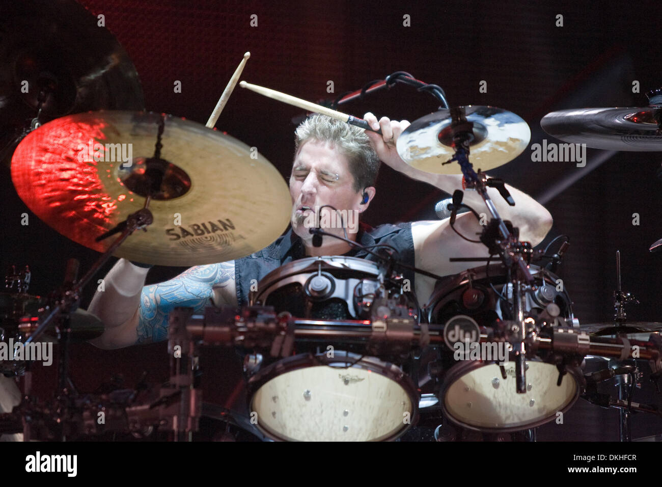 14 August 2009: Nickelback drummer Daniel Adair performs onstage ...