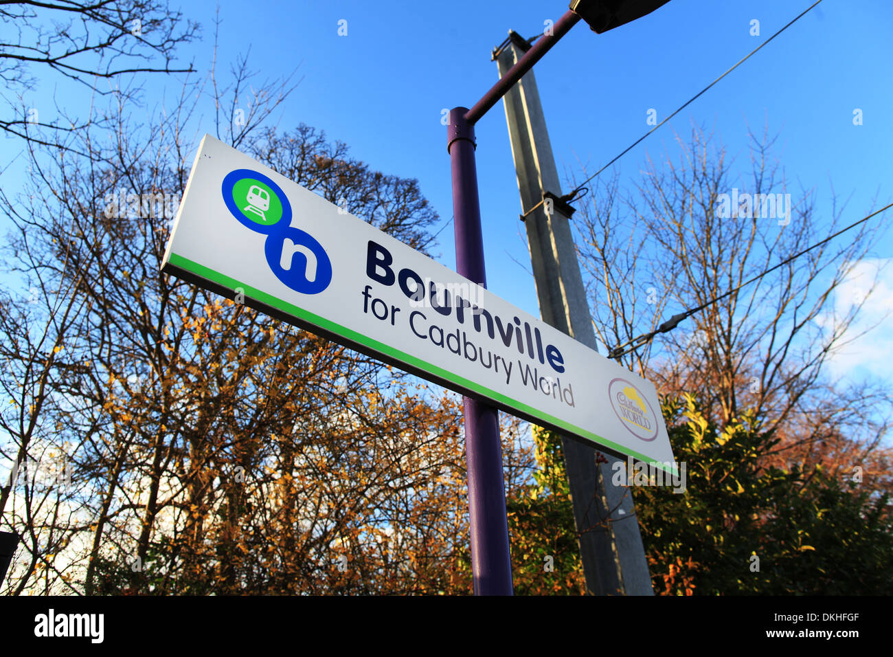 Bournville railway station sign - gateway to Cadbury World, the Cadbury factory owned by Kraft Stock Photo