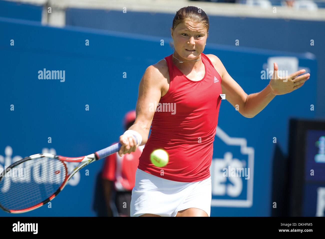 Dinara Safina of Russia returns a forehand hit to Aravane Rezai of France. Safina, the world