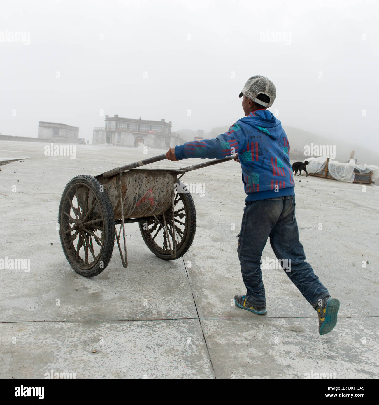 Boy pushing handcart on a street, Nagarze, Shannan, Tibet, China Stock Photo