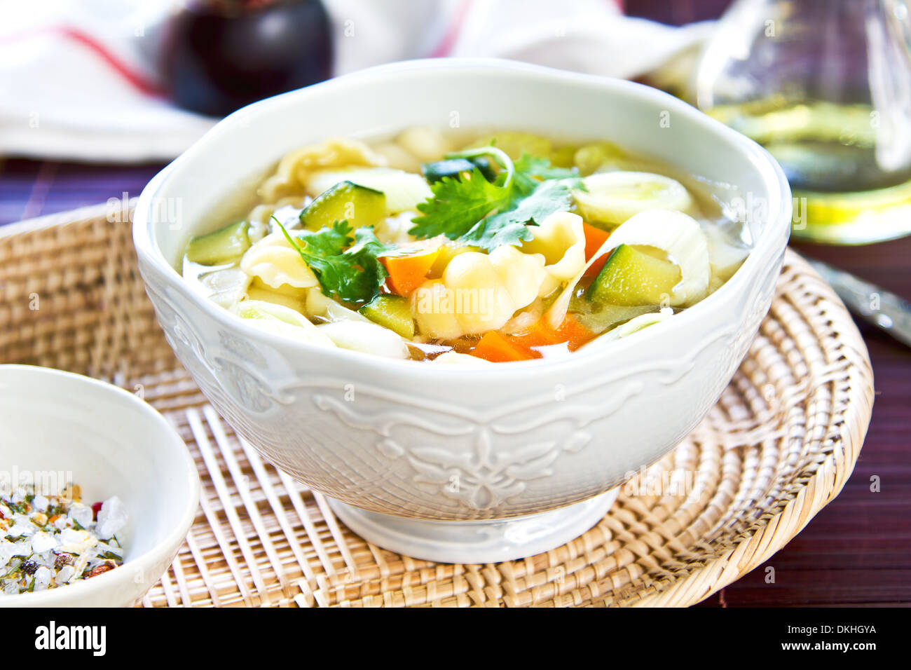 Leek with Celery,Zucchini and Carrot soup with pasta Stock Photo