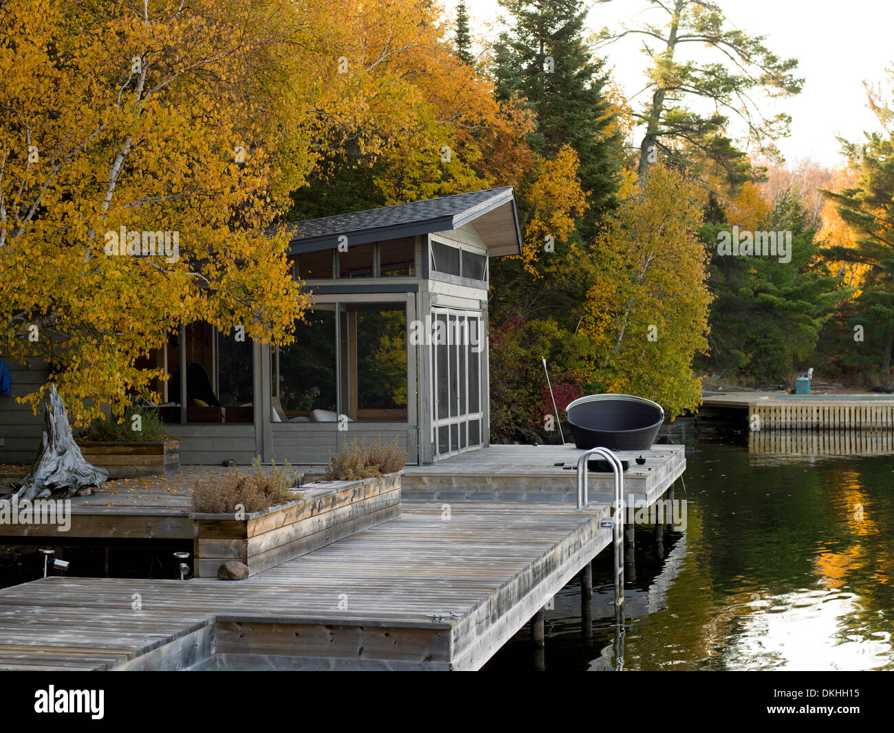 Dock at the lakeside, Kenora, Lake of The Woods, Ontario, Canada Stock