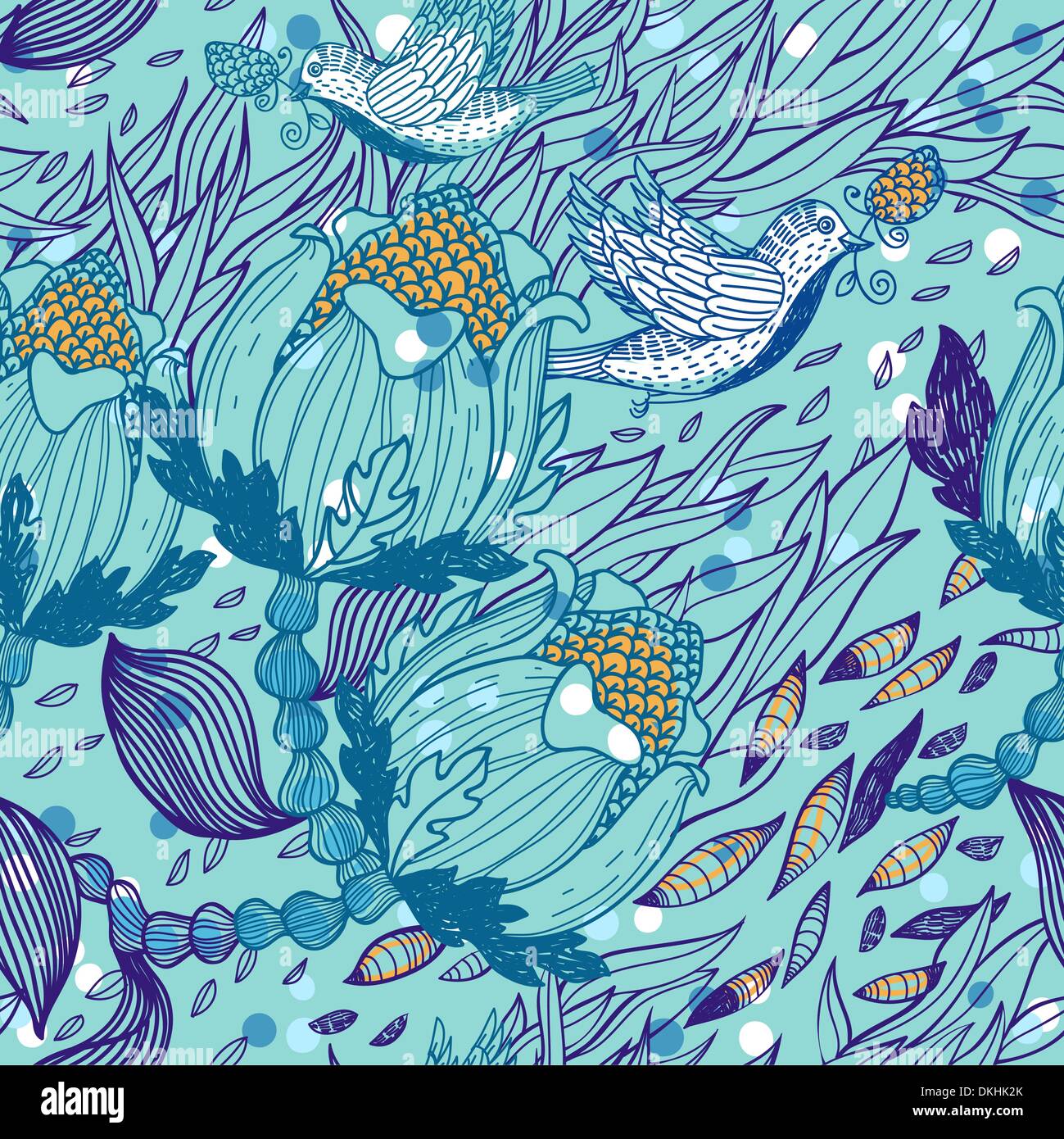 vector floral seamless pattern with fantasy plants and birds Stock ...