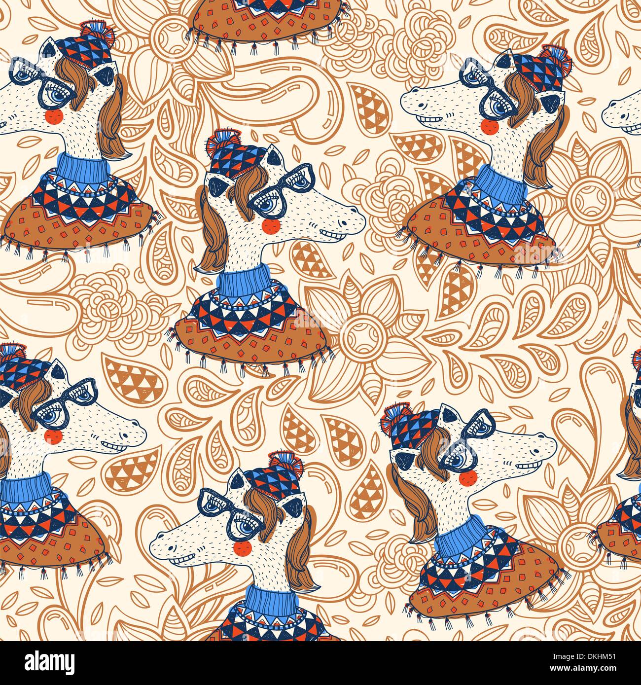 vector  seamless pattern with funny horses and vintage doodles Stock Vector