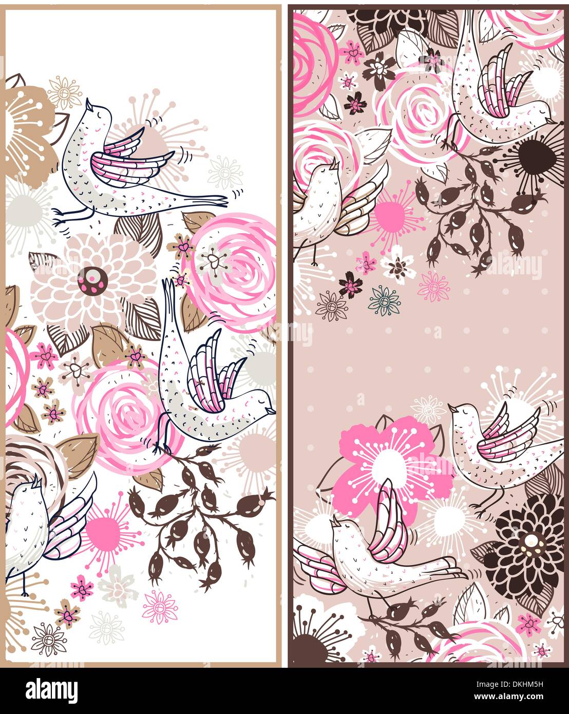 vector set of floral cards with blooming roses and flying birds Stock ...