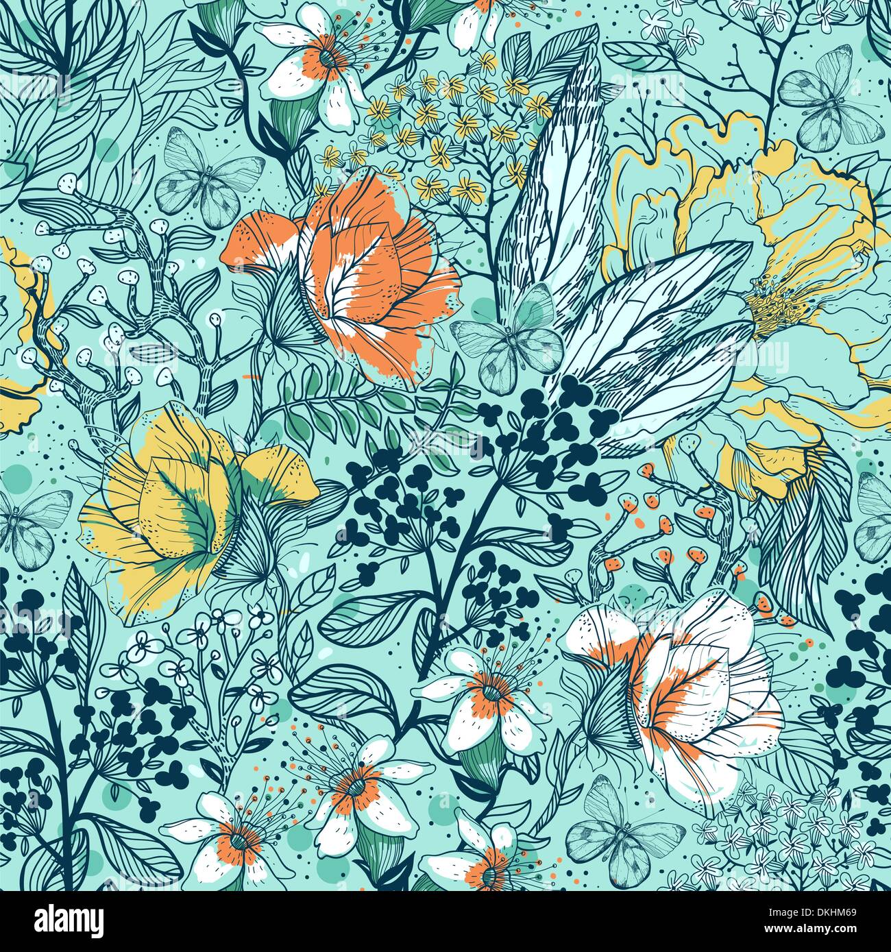 vector floral seamless pattern with plants, herbs and flowers Stock ...
