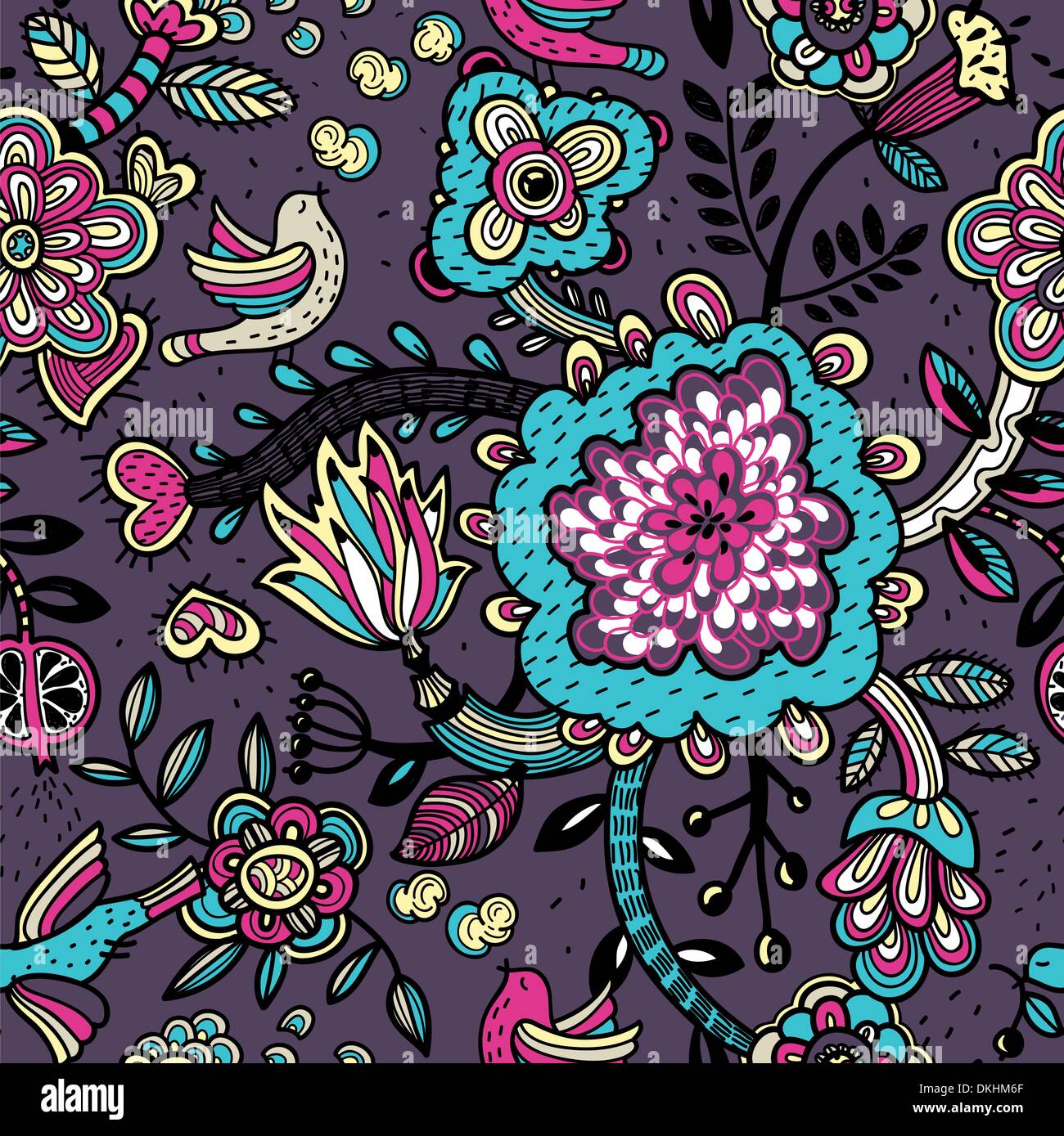 vector floral seamless pattern with colored fantasy flowers and birds ...