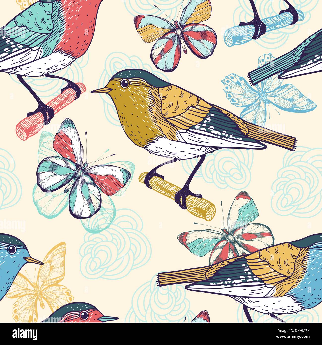 vector seamless pattern with colorful birds and butterflies Stock ...