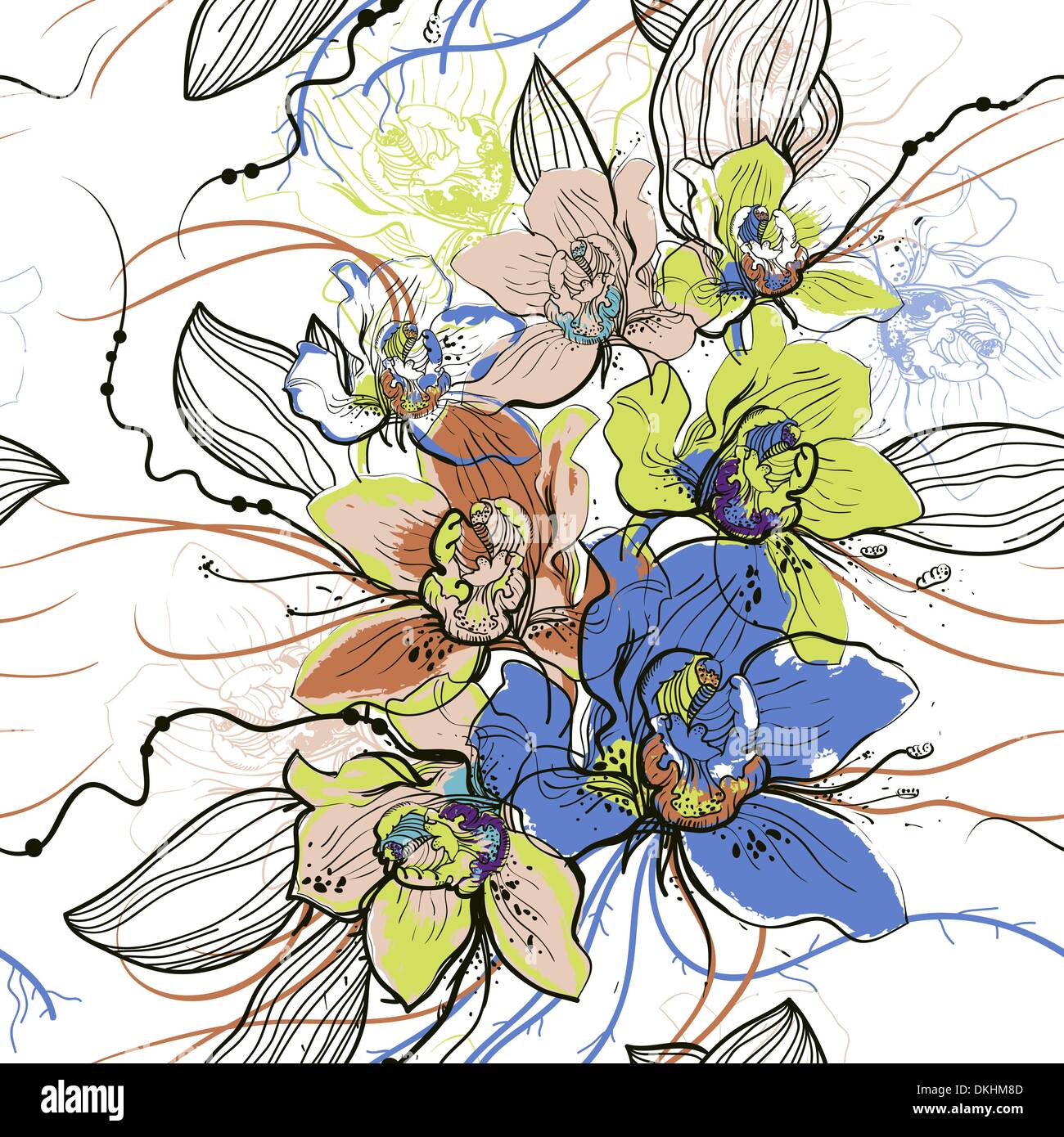 vector seamless floral  pattern with colored orchids Stock Vector