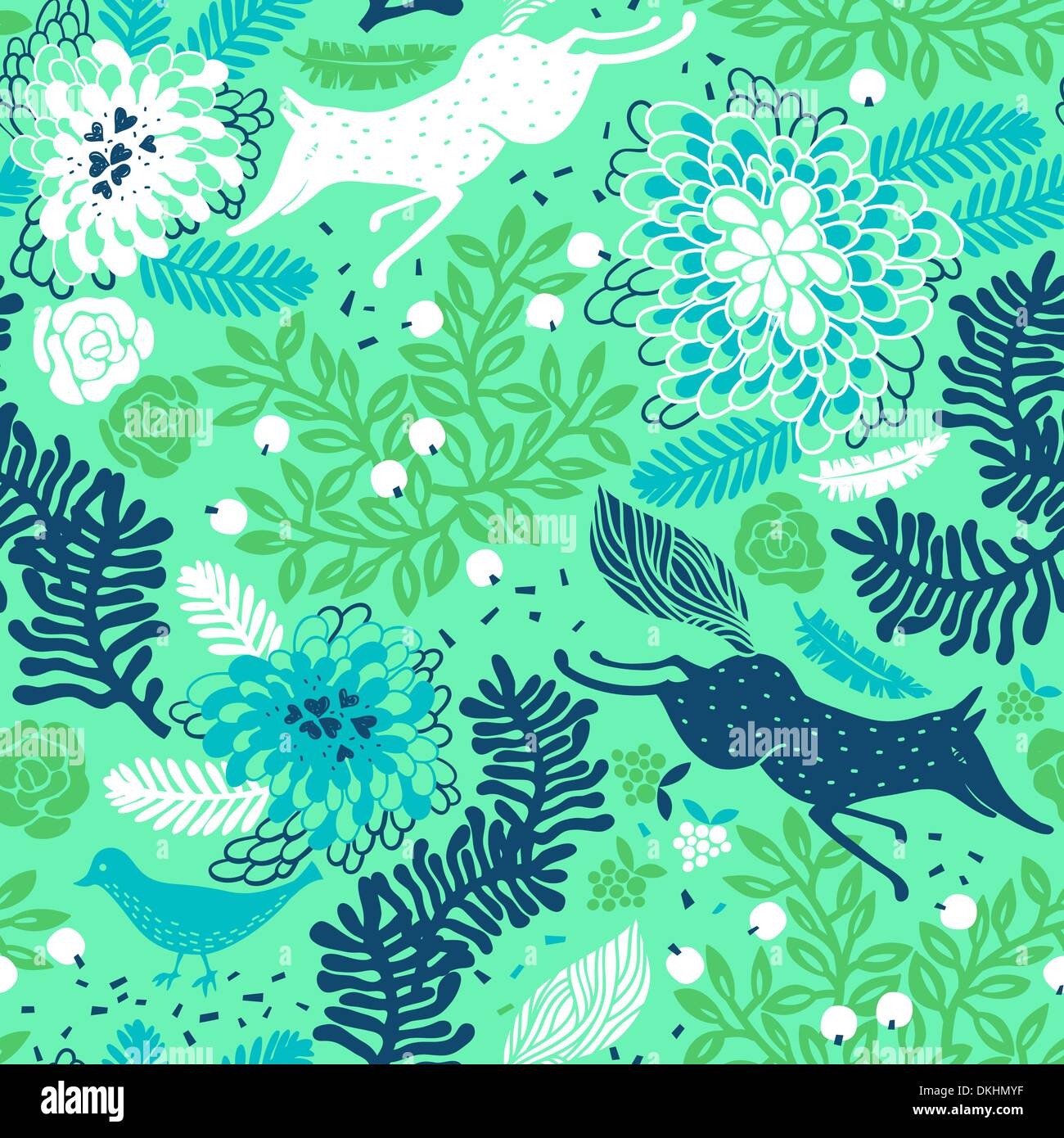 vector floral seamless pattern with running foxes and abstract plants ...