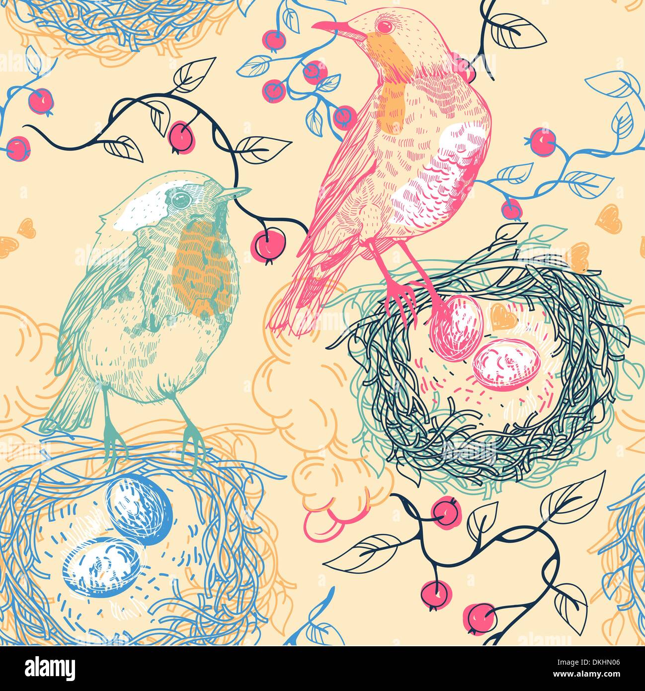 vector seamless pattern with birds,nests and pink berries Stock Vector ...