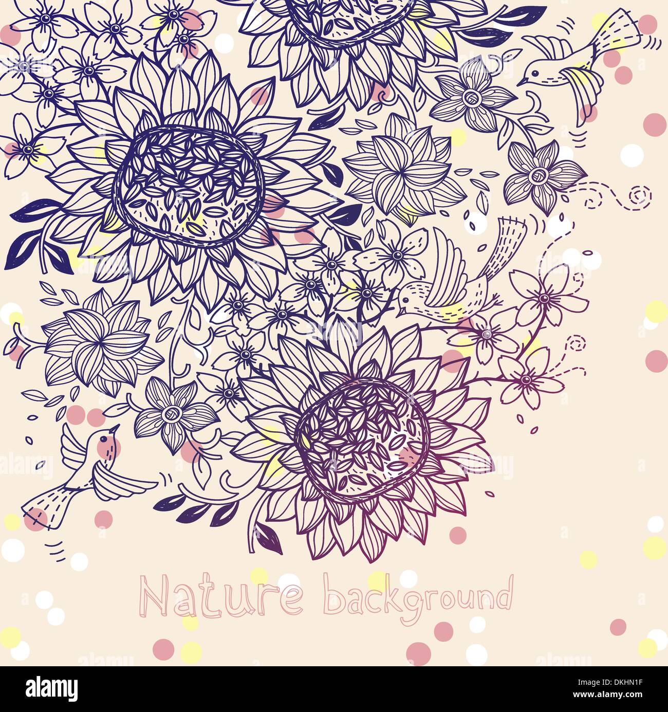 vector floral background with hand drawn flowers and birds Stock Vector ...