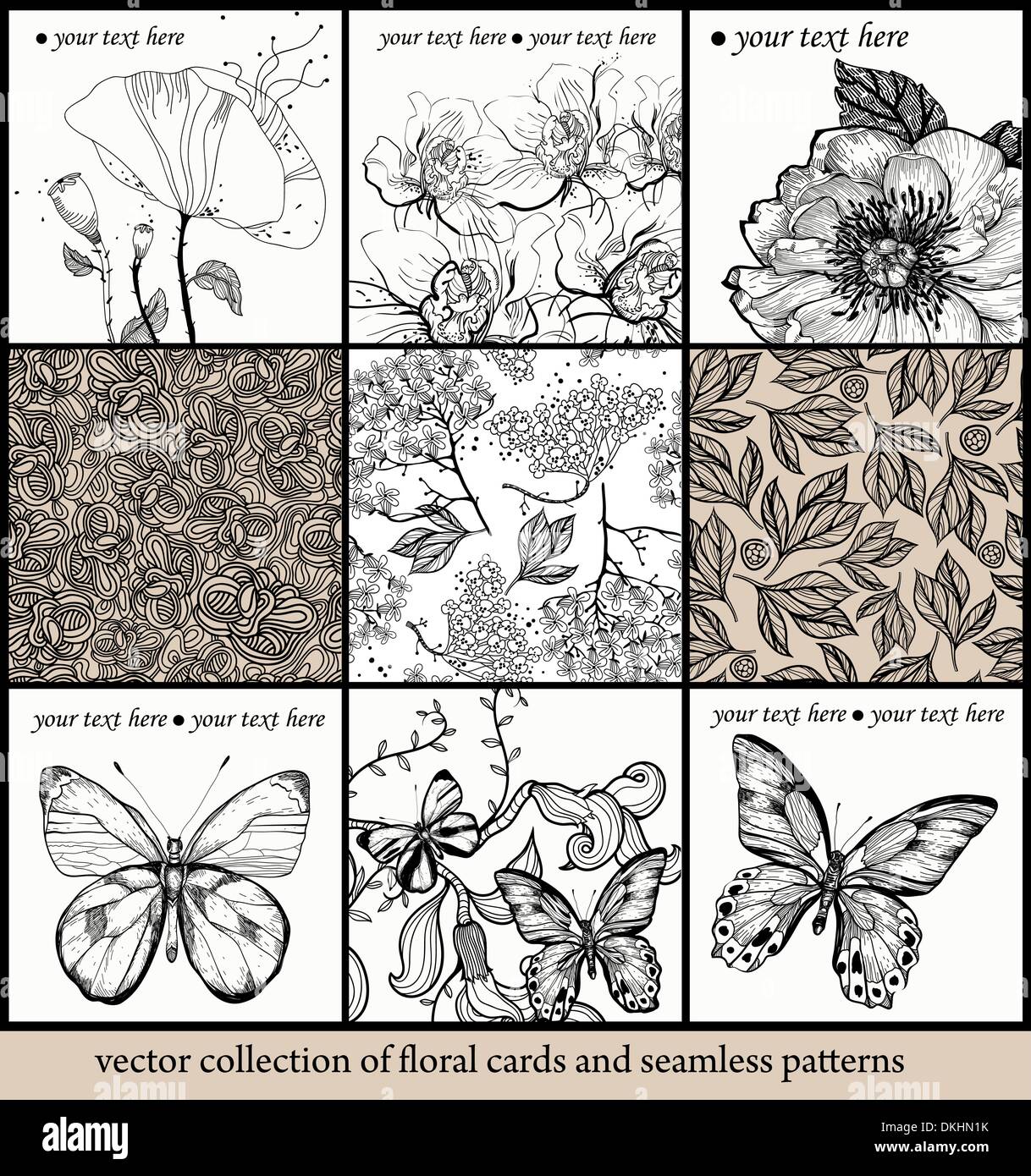 vector set of seamless floral patterns and hand drawn cards with ...