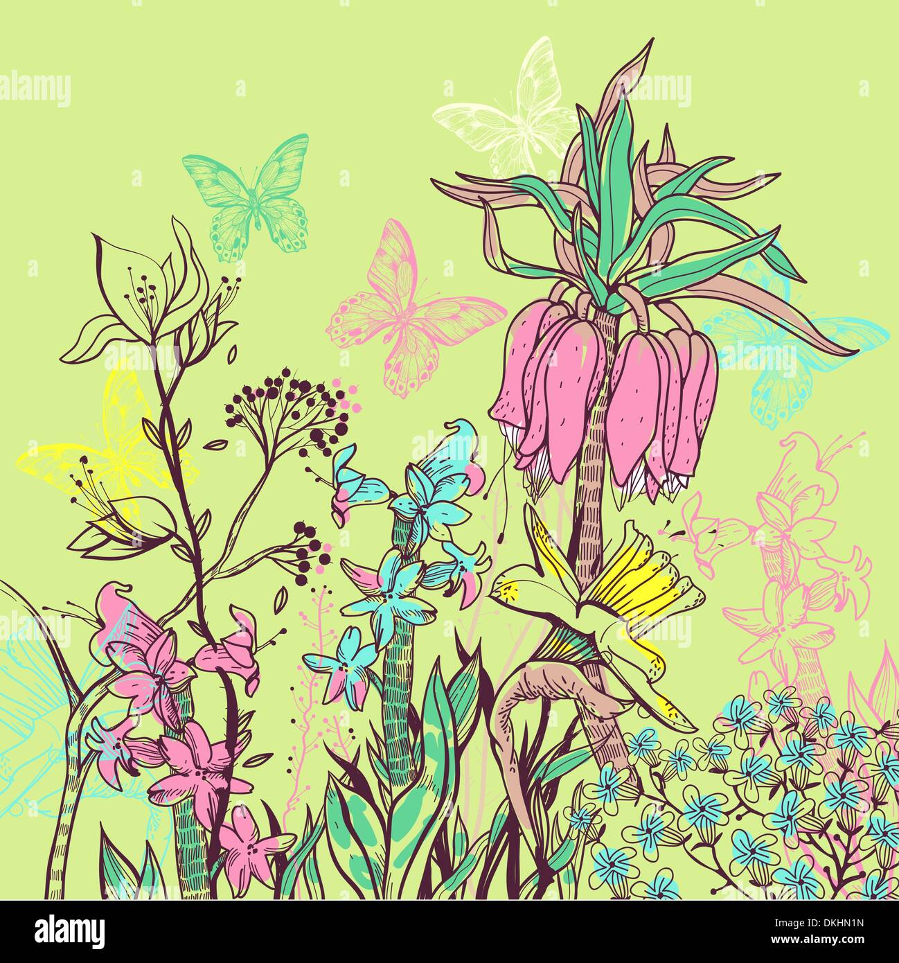 vector illustration of blooming garden with colorful flowers and plants ...