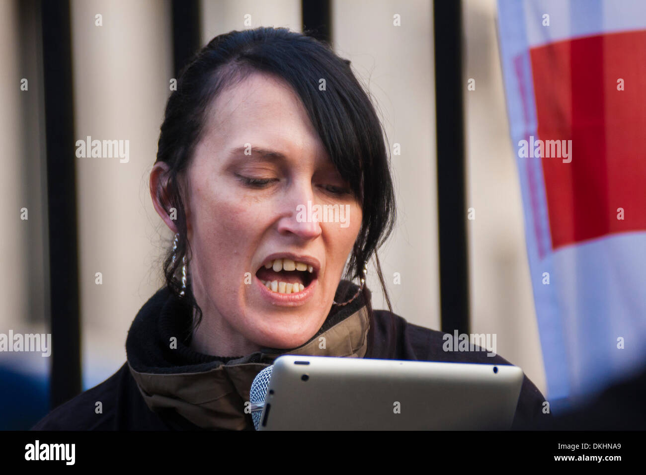 London December 6th 2013. A woman speaks to the crowd as several dozen of the extreme right English Defence League protest outside Downing Street demanding the release of Sergent Alex Blackman, convicted of the muder of a captured Taliban insurgent in Afghanistan. Credit:  Paul Davey/Alamy Live News Stock Photo