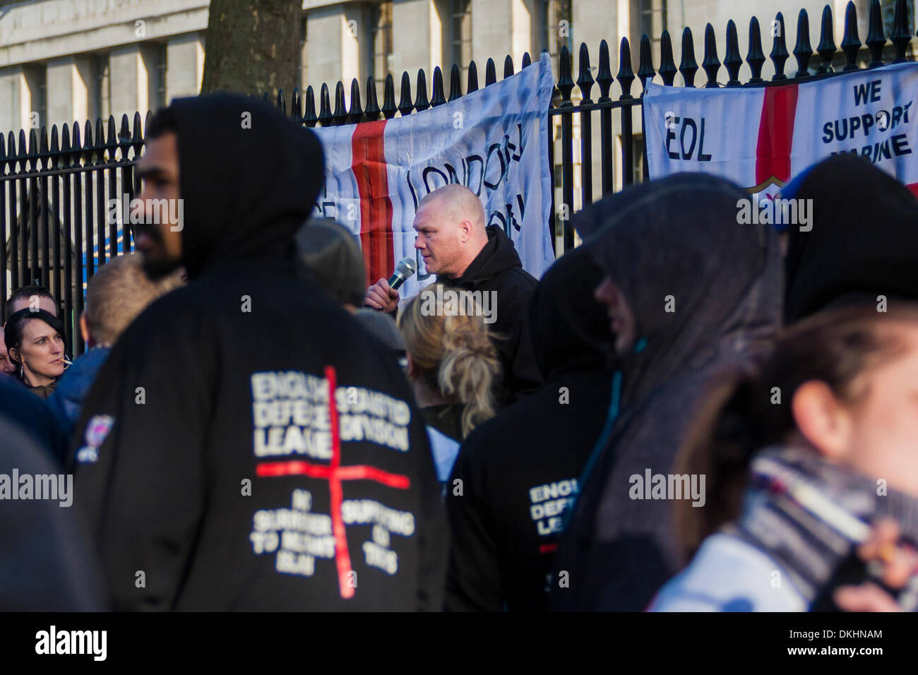 London December 6th 2013. An ex soldier speaks as several dozen of the extreme right English Defence League protest outside Downing Street demanding the release of Sergent Alex Blackman, convicted of the muder of a captured Taliban insurgent in Afghanistan. Credit:  Paul Davey/Alamy Live News Stock Photo