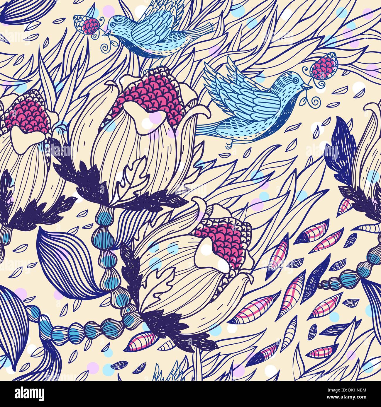 vector floral seamless pattern with fantasy plants and flying birds ...
