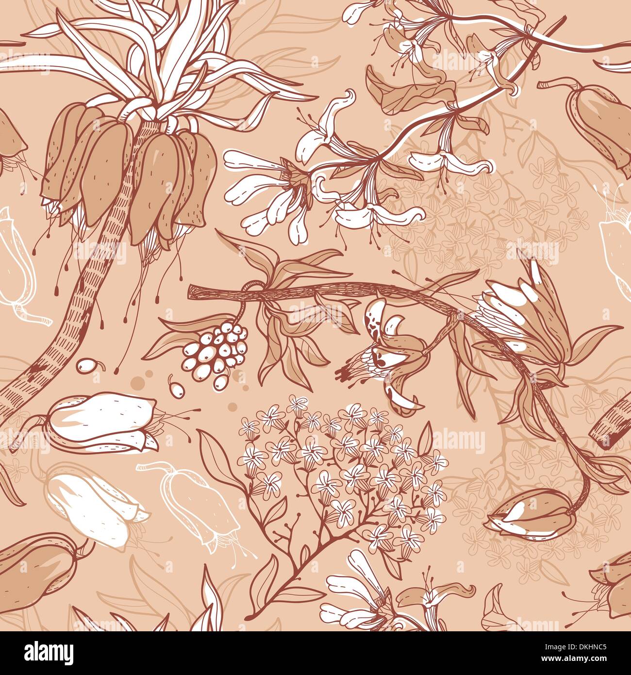 vector floral seamless pattern with hand-drawn flowers and plants Stock ...
