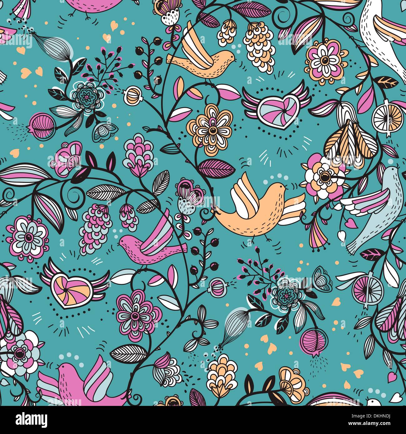 vector pattern with floral garlands and flying birds Stock Vector Image ...