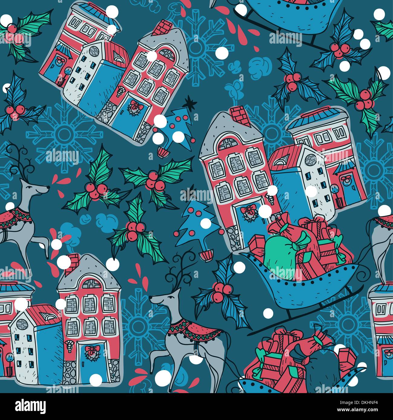 Christmas vector seamless pattern with deers and houses Stock Vector ...