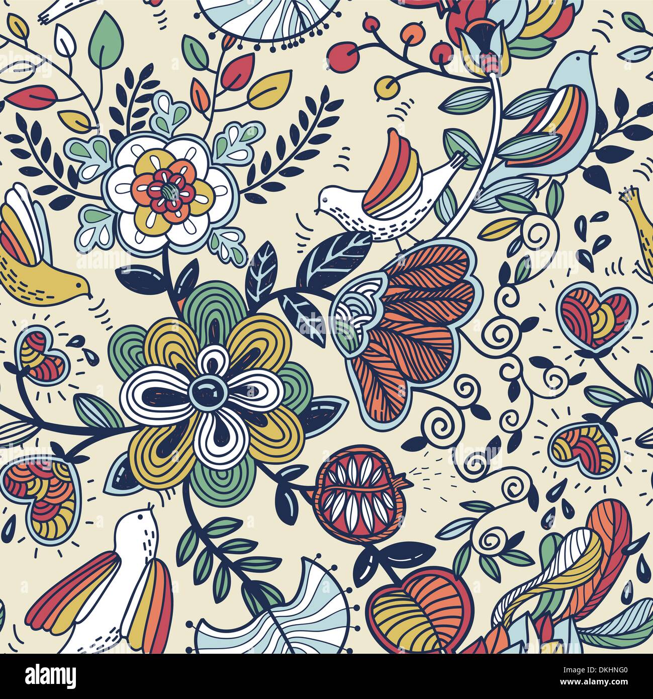 vector floral seamless pattern with fantasy birds, plants and fruits ...