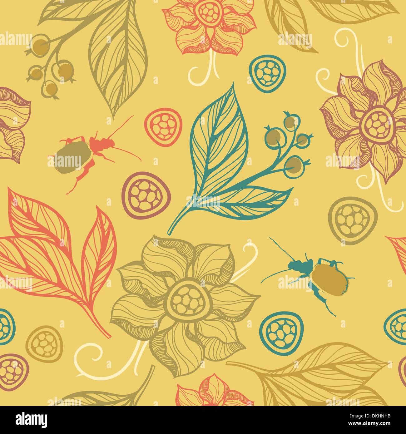 vector seamless pattern with leaves,flowers and bugs Stock Vector