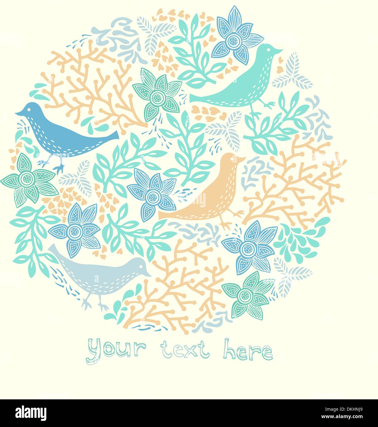 vector illustration of a floral circle with bright plants and birds ...