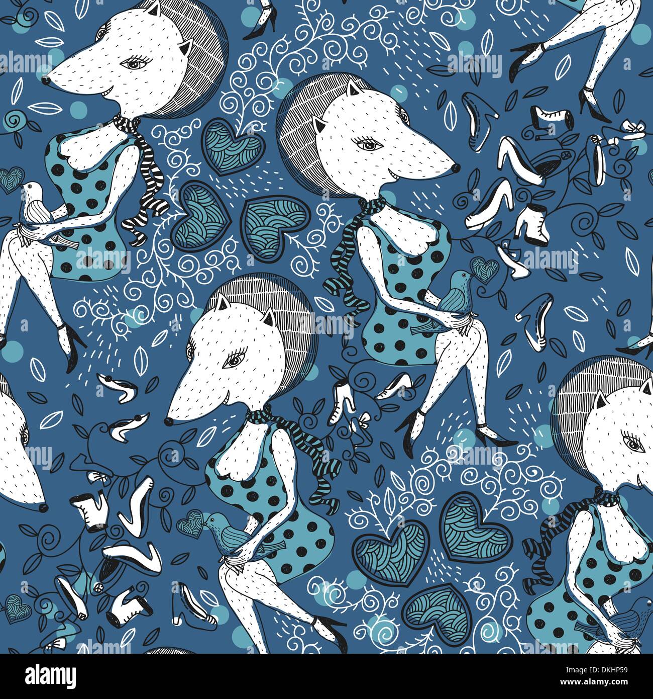 vector  seamless pattern  with fashion foxes and decorative hearts Stock Vector