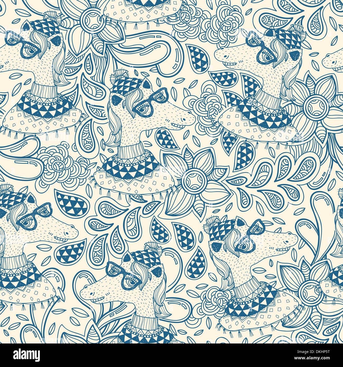 vector seamless pattern with funny horses and abstract doodles Stock Vector
