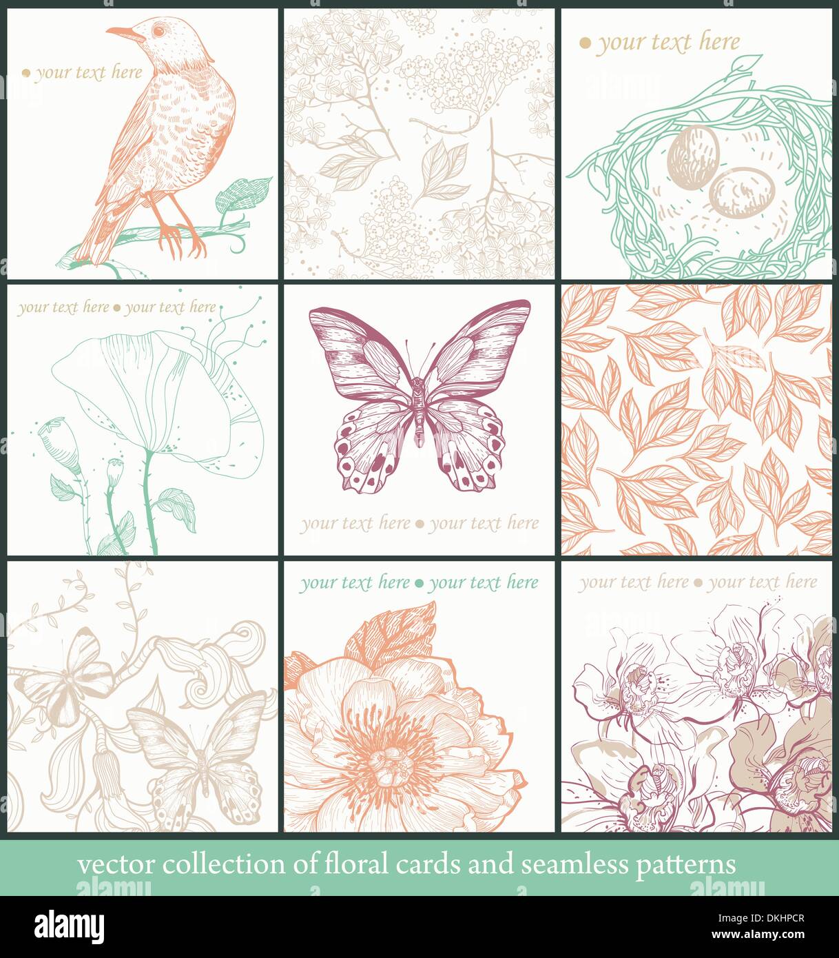 vector set of hand-drawn floral cards and seamless patterns Stock ...