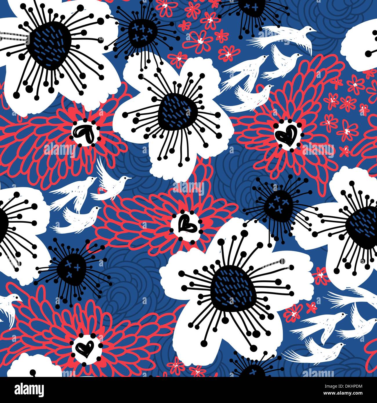 vector floral pattern with white flowers and flying abstract birds ...