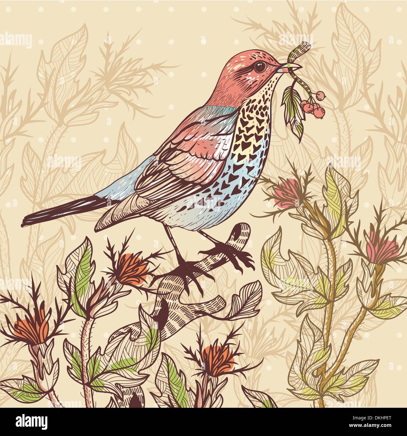 vector illustration of an autumn plants and a colorful bird Stock ...