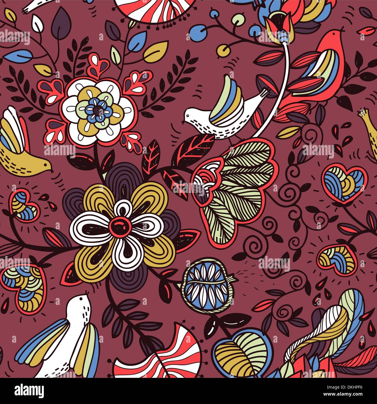 vector floral seamless pattern with colored fantasy birds and flowers ...