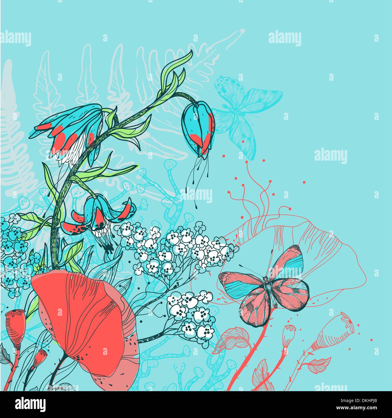 vector illustration of a blooming flowers and butterflies on a bright ...