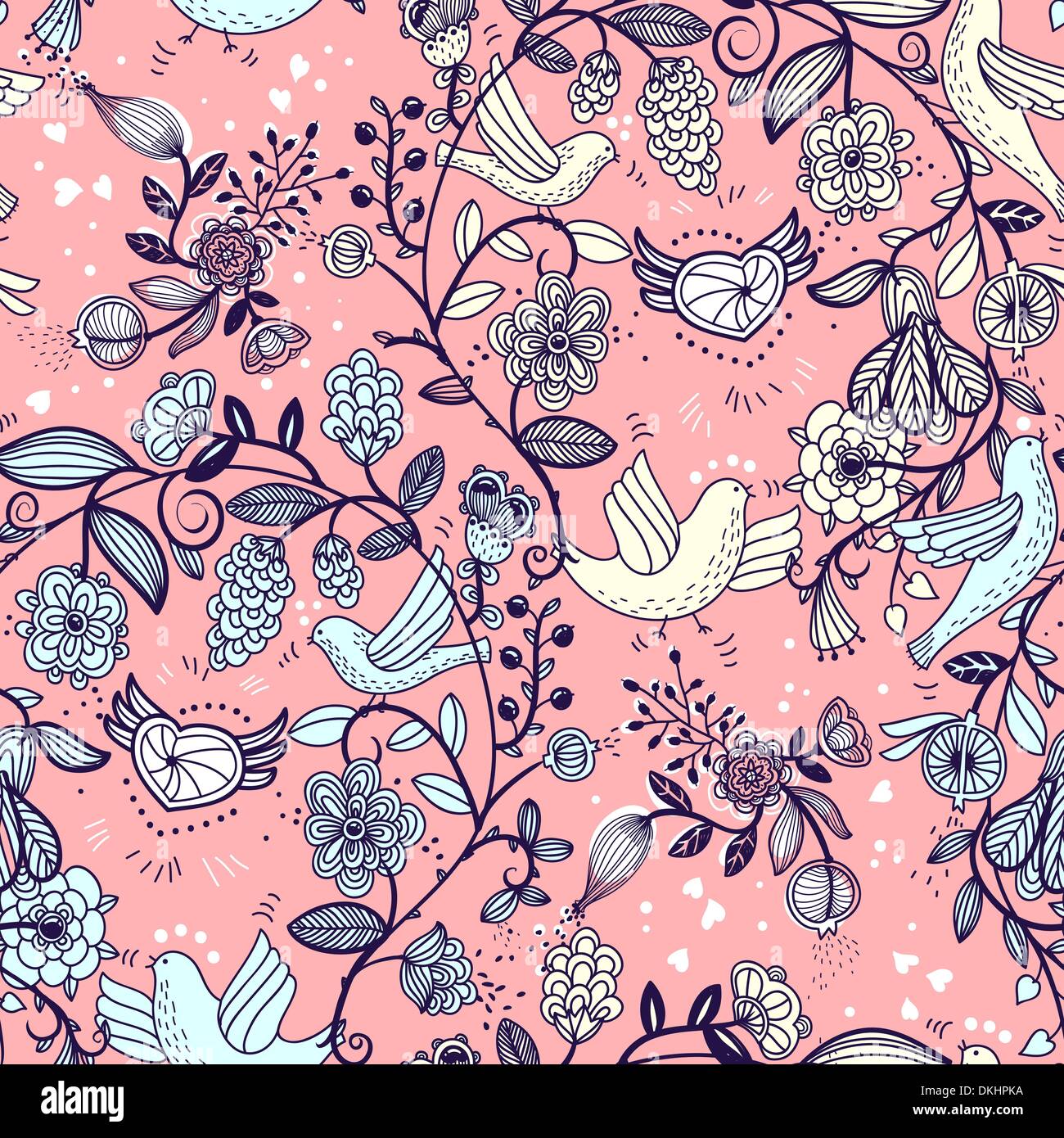 vector seamless pattern with floral garlands and flying birds Stock ...
