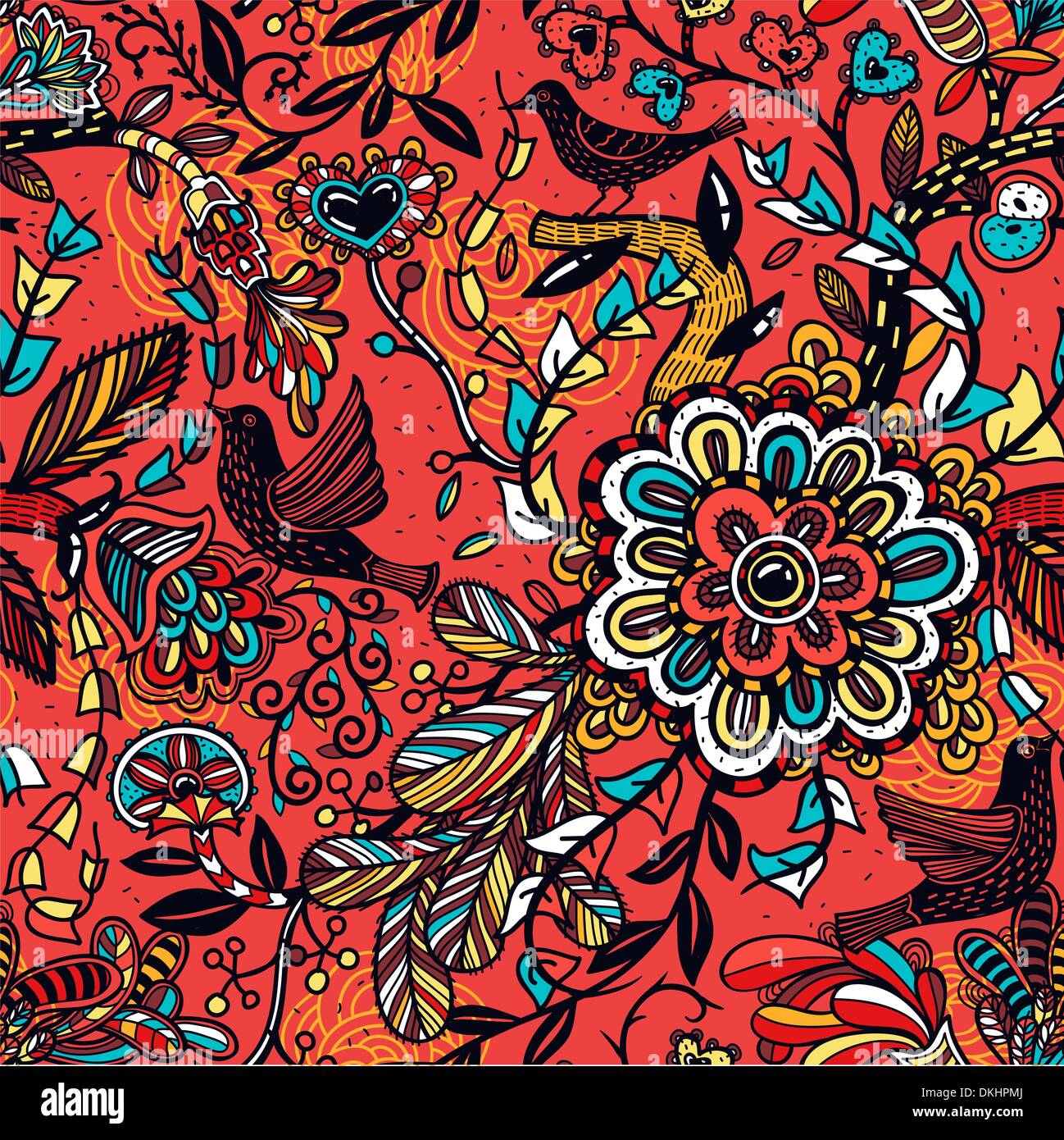 vector floral seamless pattern with colorful plants on a red background ...