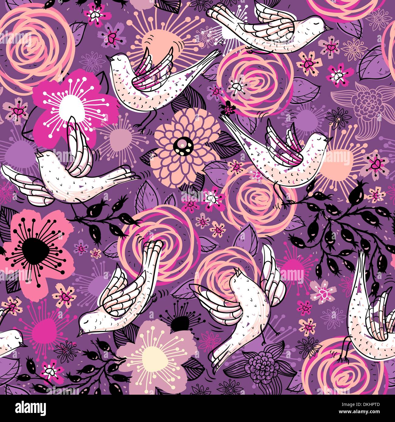 vector floral seamless pattern with flying doves and blooming roses ...
