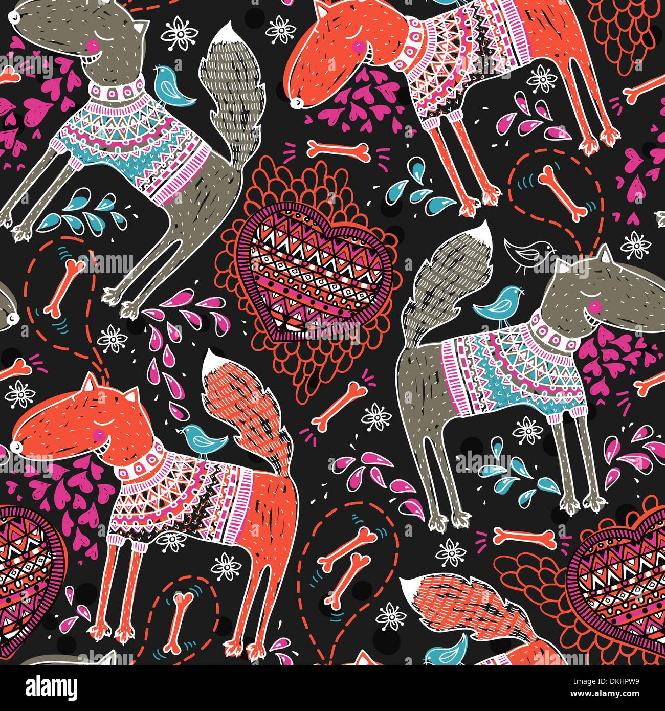 vector seamless pattern with funny dogs and knitted hearts Stock Vector ...