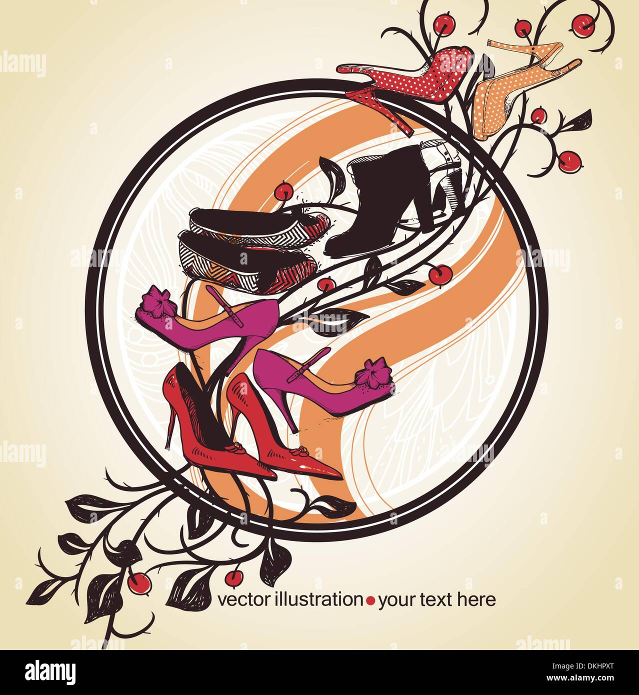 vector illustration with a variety of trendy shoes and boots on a