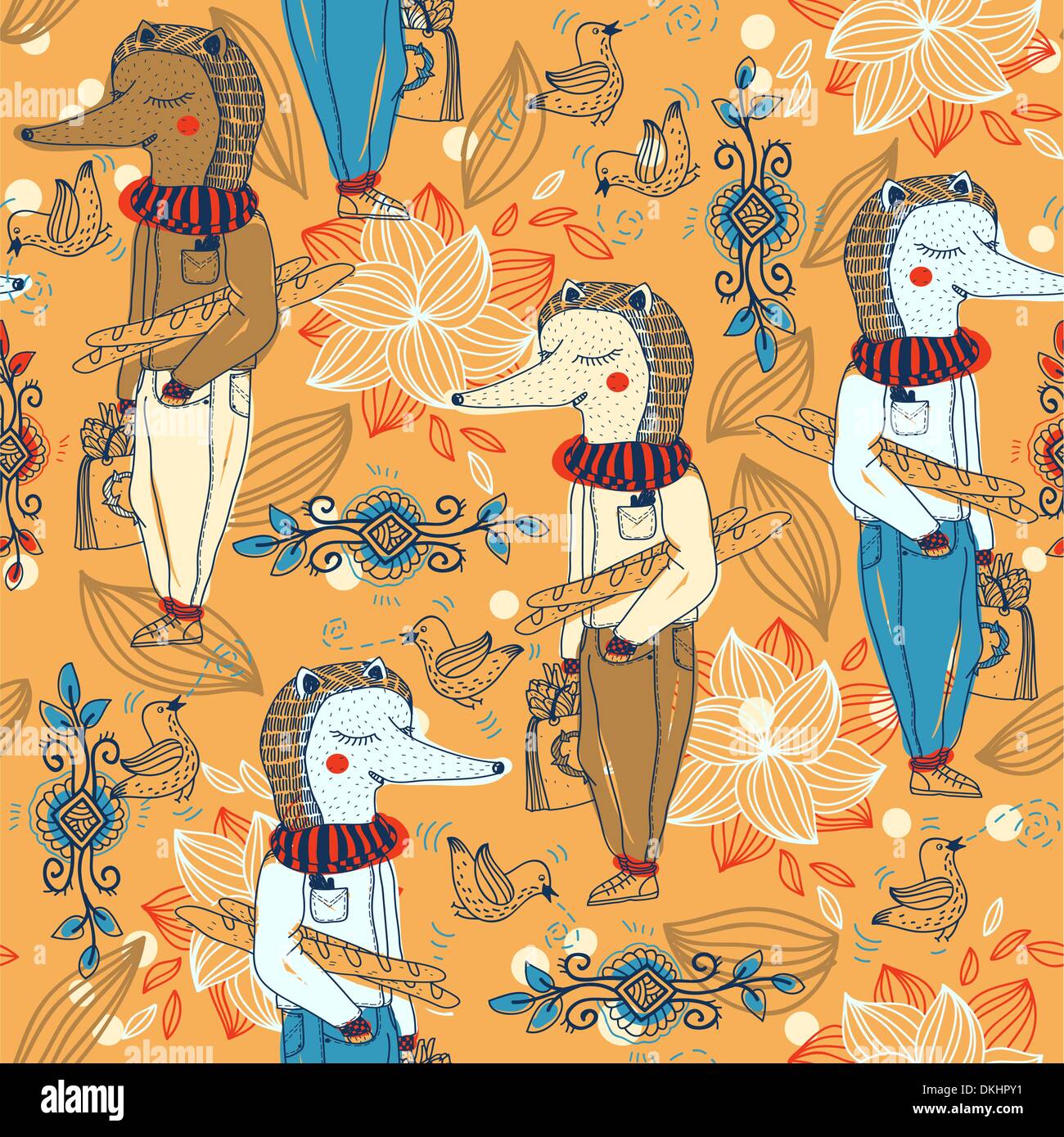 vector  seamless pattern with funny hedgehogs Stock Vector
