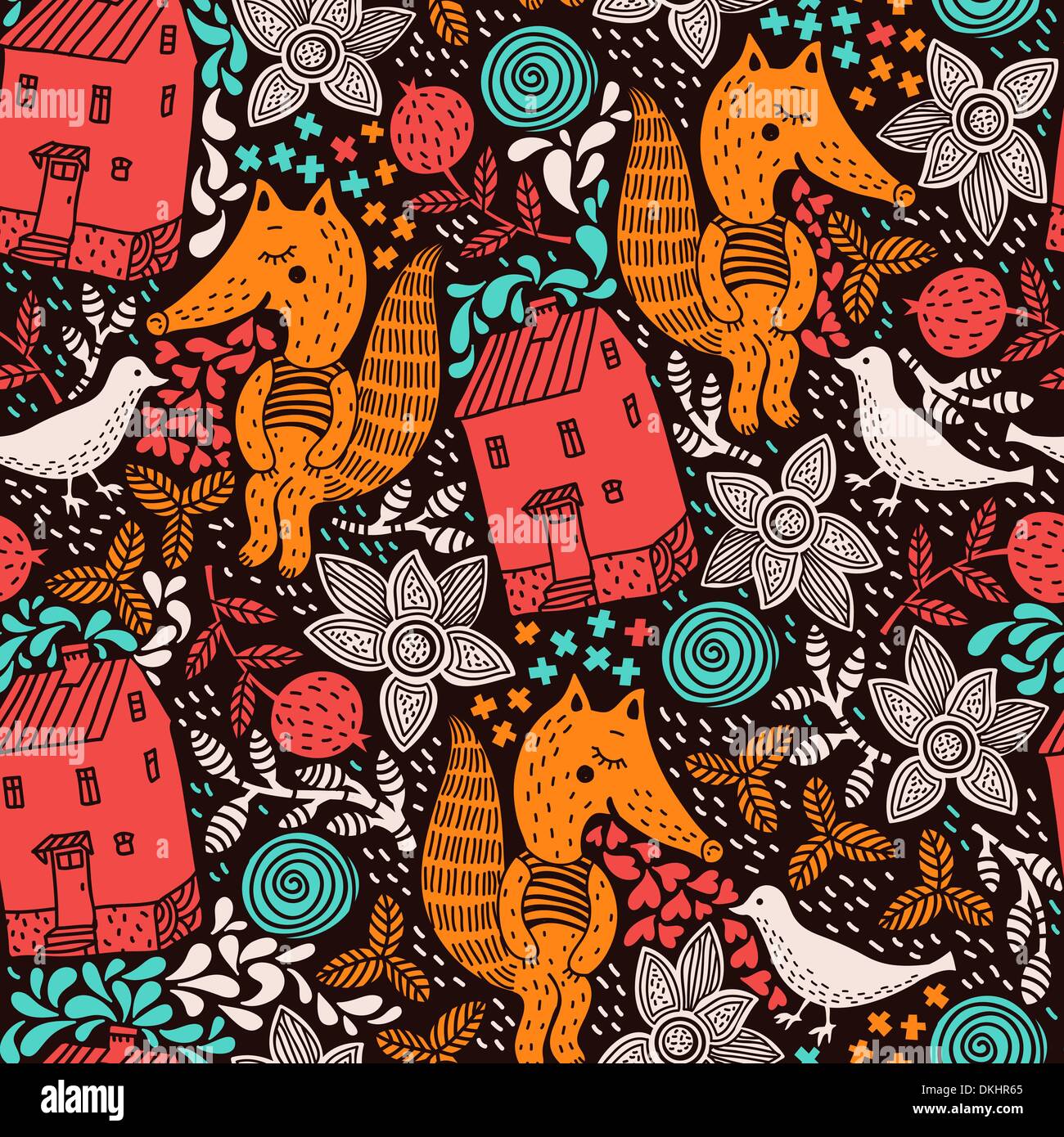 vector floral seamless pattern with abstract birds and foxes Stock ...
