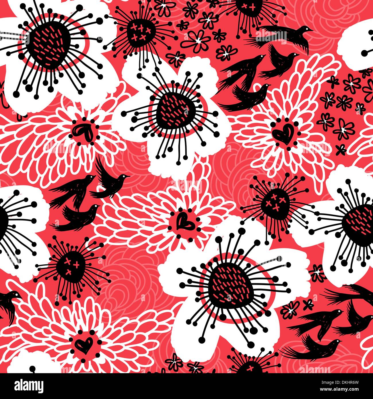 vector floral seamless pattern with abstract birds and flowers on a red ...