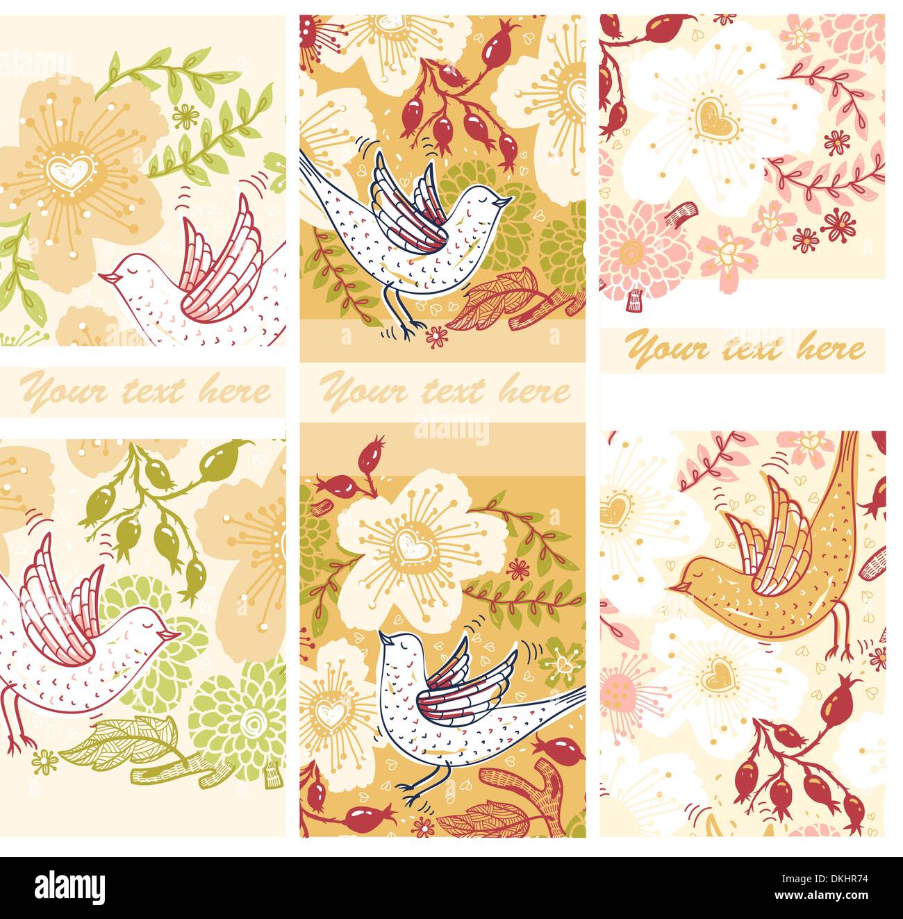 vector set of floral cards with blooming flowers and flying birds Stock ...
