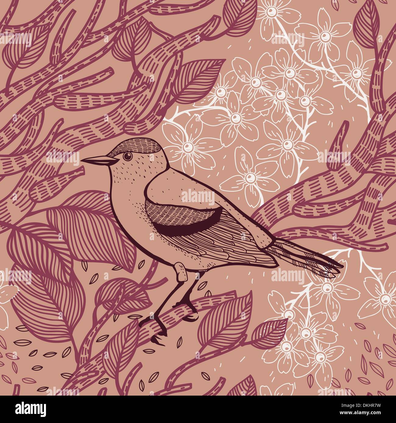 vector floral seamless pattern with plants and birds Stock Vector Image ...