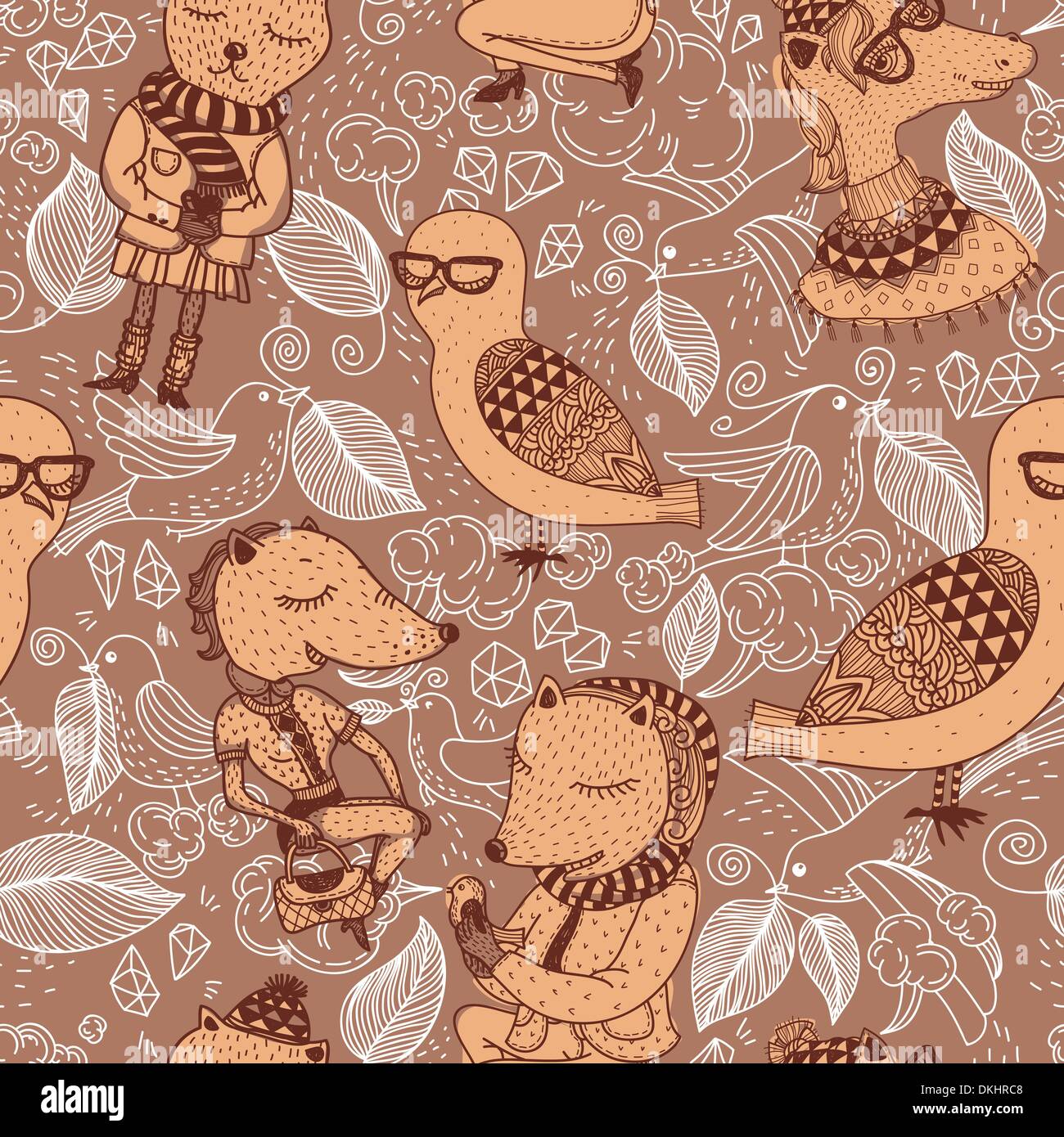 vector seamless pattern with funny animals on a floral background Stock ...