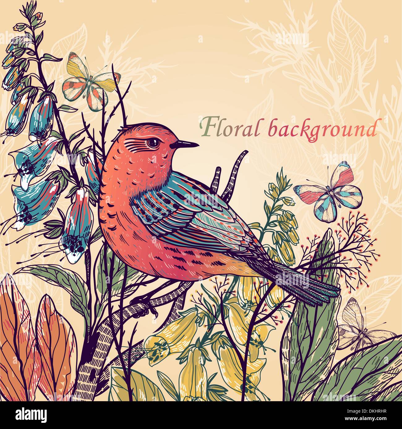 vector floral background with wild plants and a colored bird Stock ...
