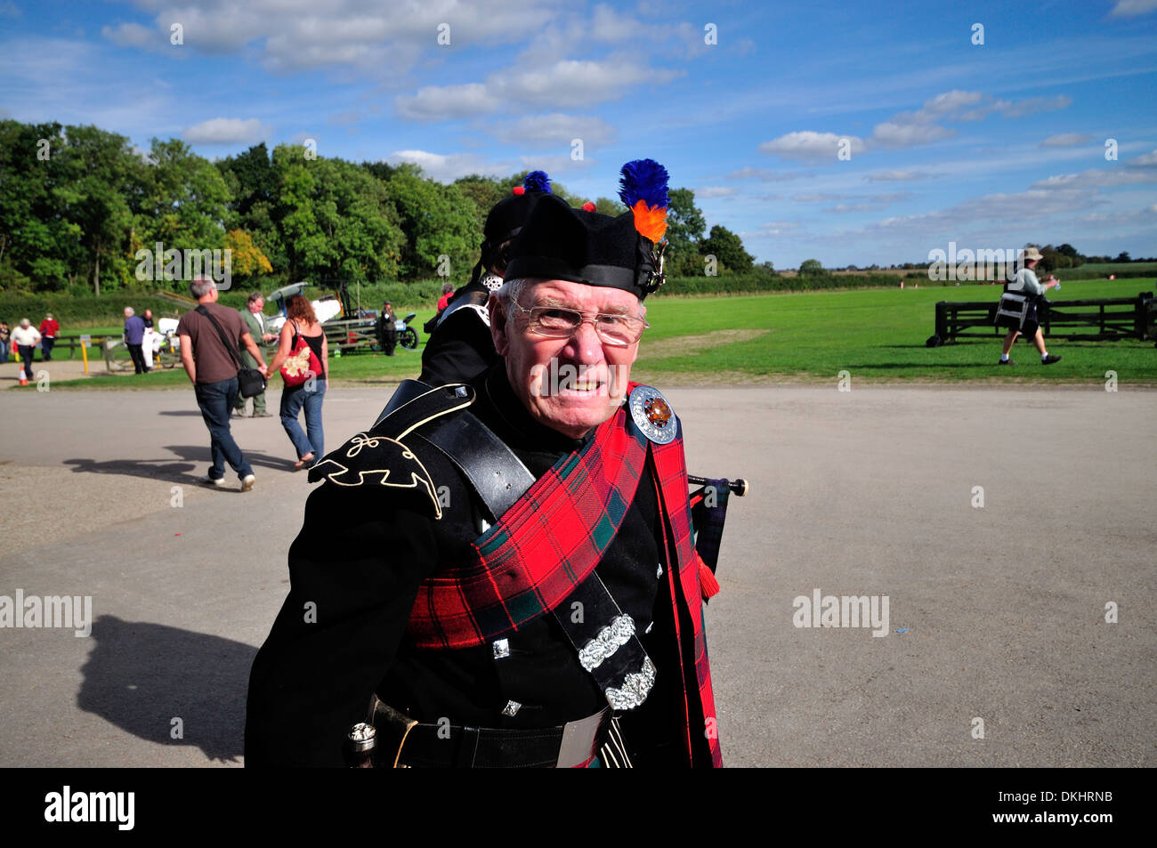 Mature gentleman,member of a bagpipe band in Scottish highland ceremonial dress at Old Warden