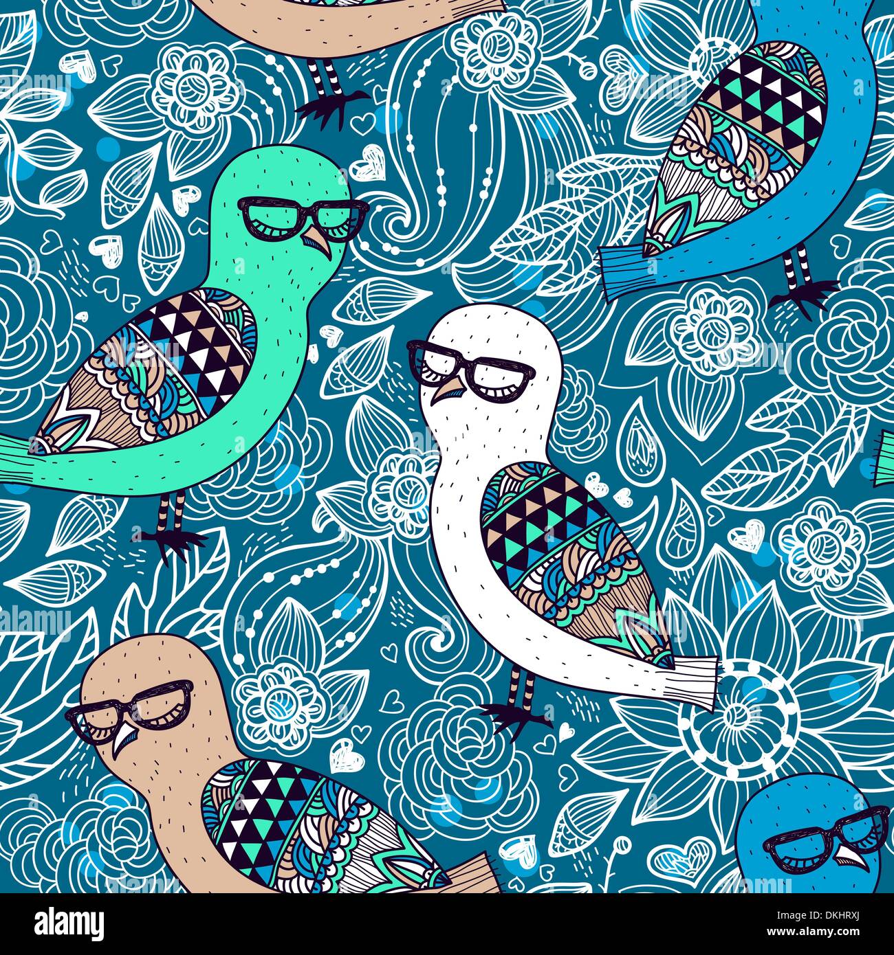 vector seamless pattern with decorative owls on a floral background ...