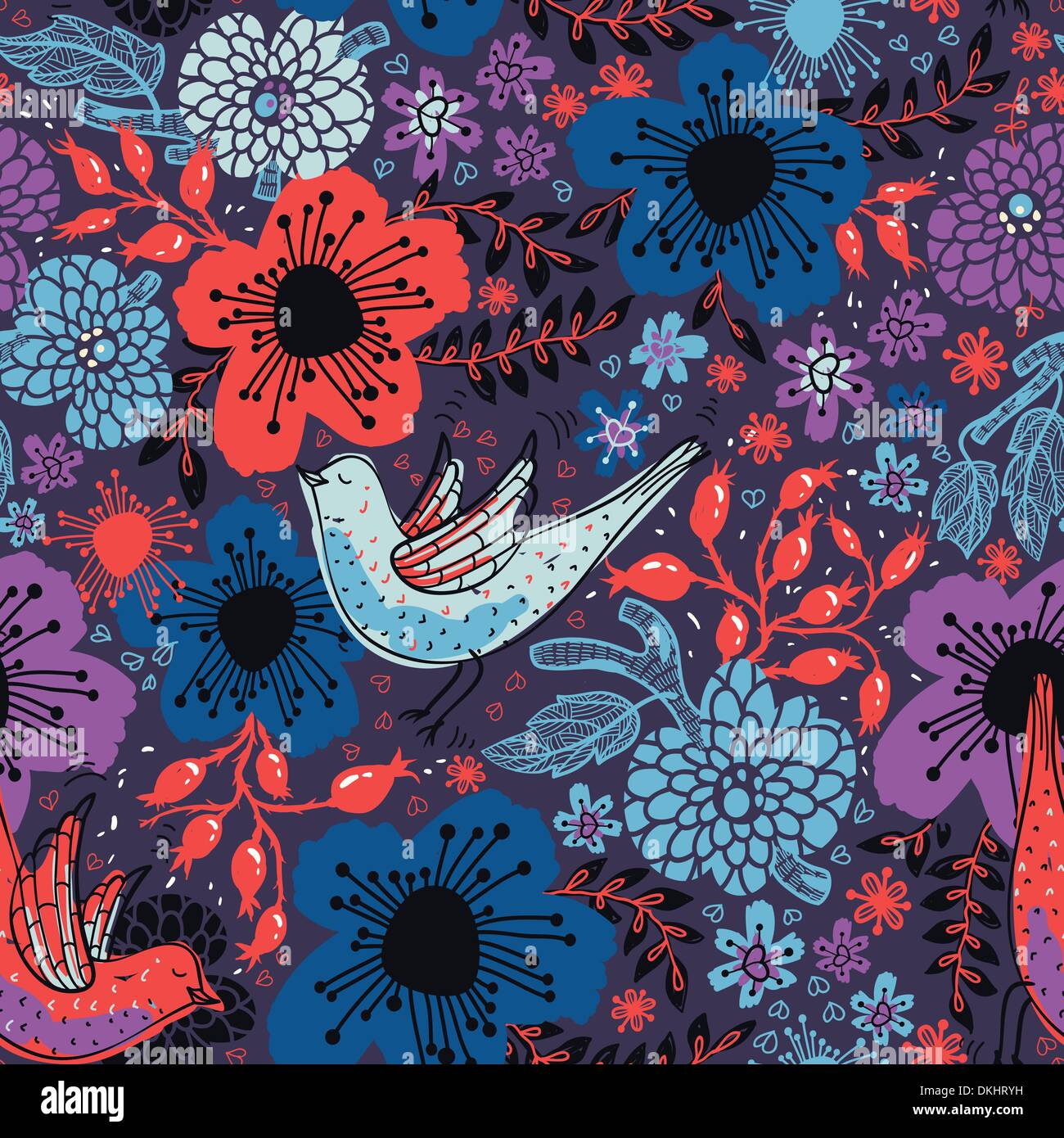 vector floral seamless pattern with abstract birds and plants Stock ...