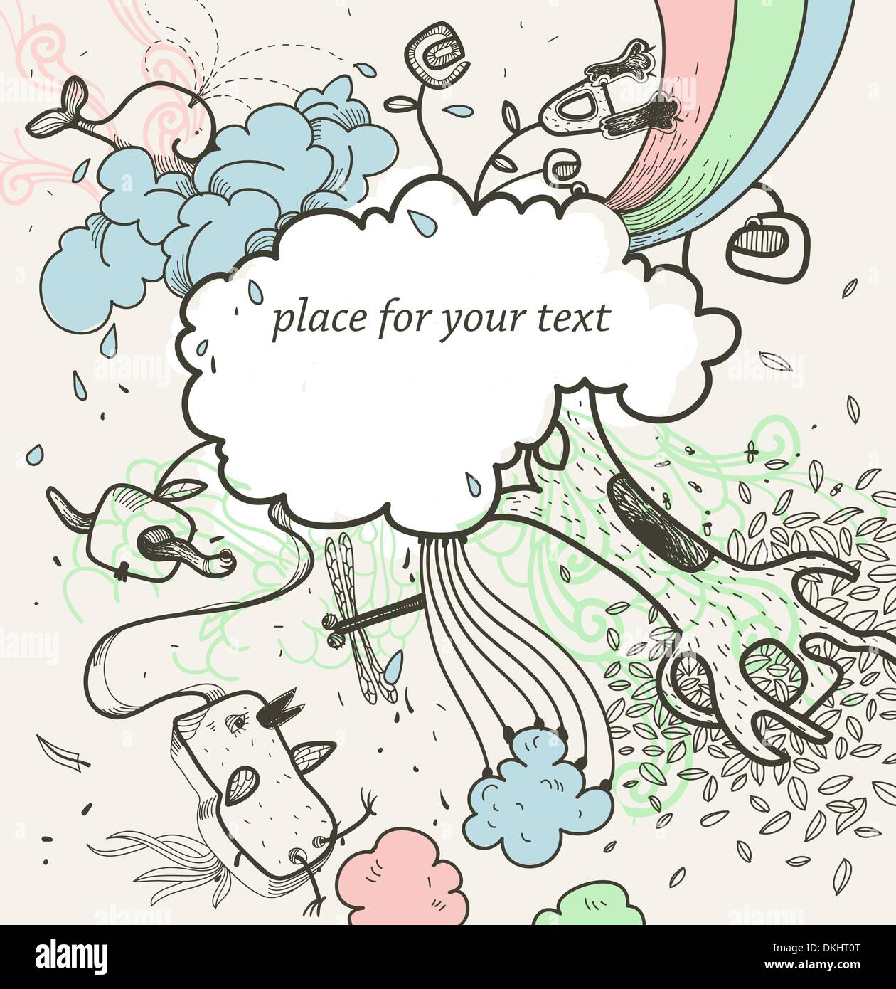 abstract frame with hand drawn cartoon animals and floral elements ...